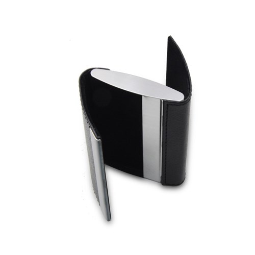 אינווסט - מארז כרטיסי ביקור ממתכת בכריכת דמוי עם פתיחה דו כיוונית כפולה